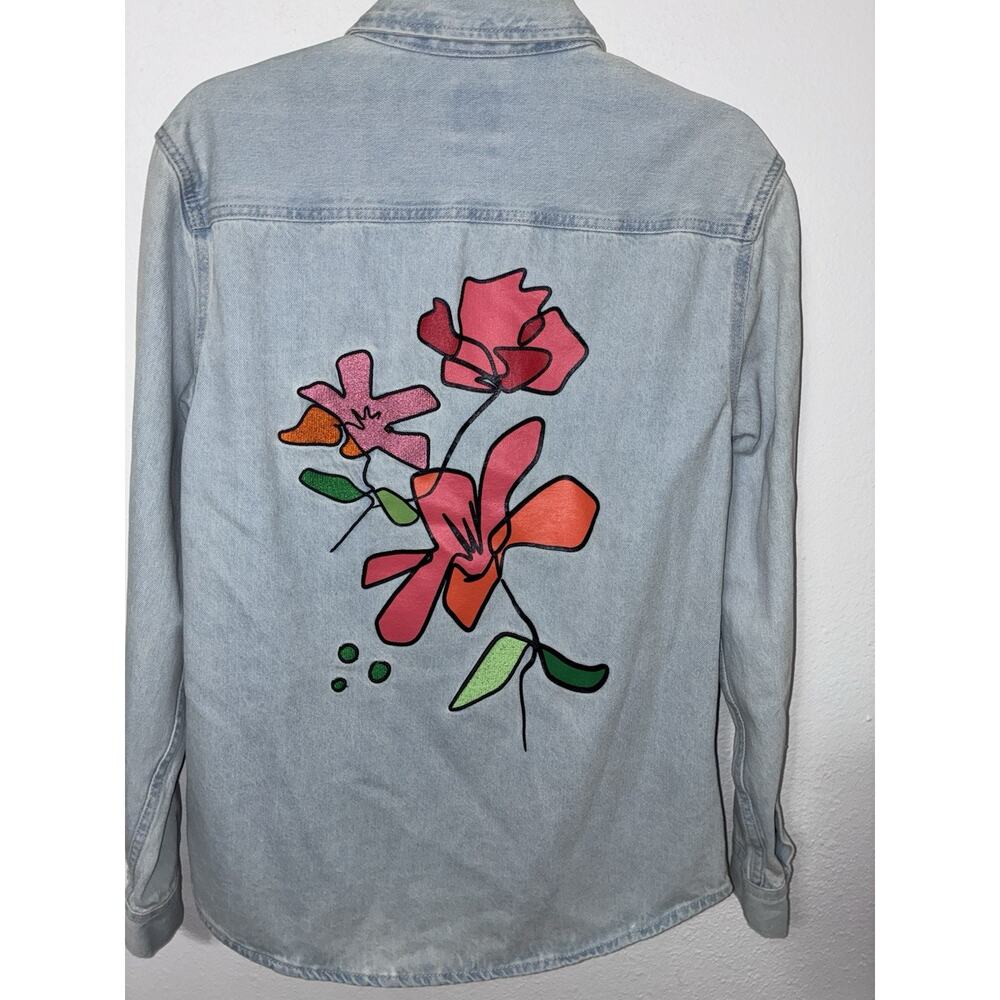 Zara Embroidered Light Wash Shirt Men's Small Floral Embroidered Back